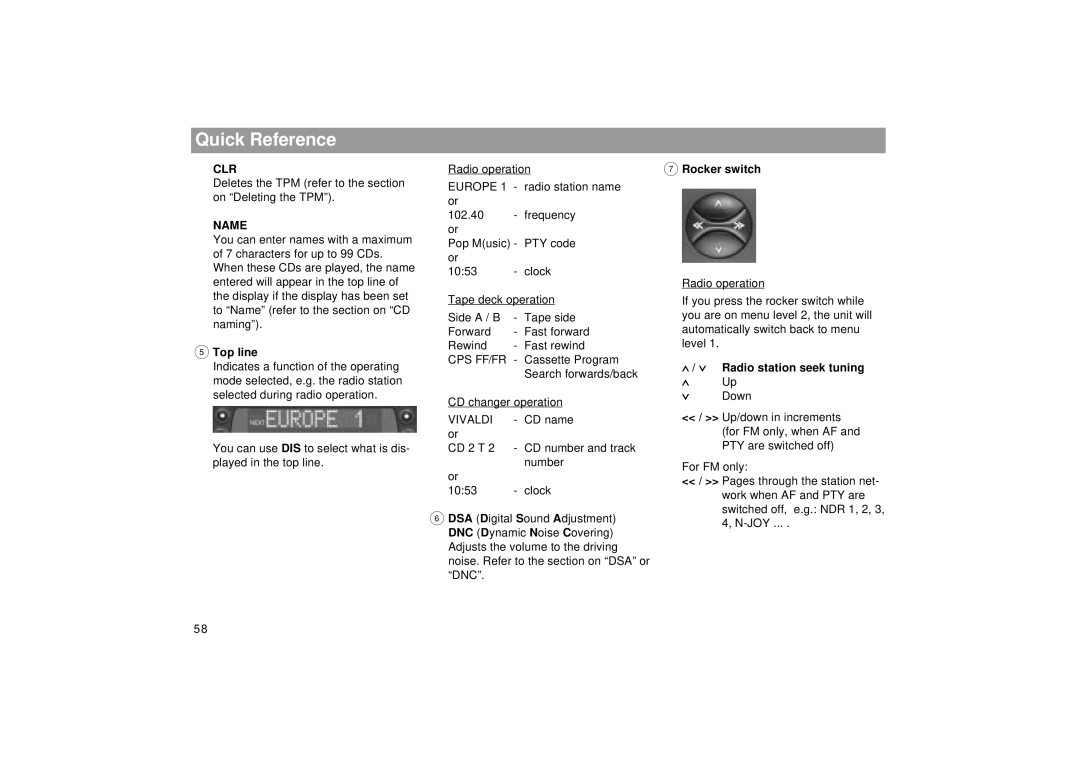 Blaupunkt RCM 169 operating instructions Clr, Name, Top line, Rocker switch, Radio station seek tuning 