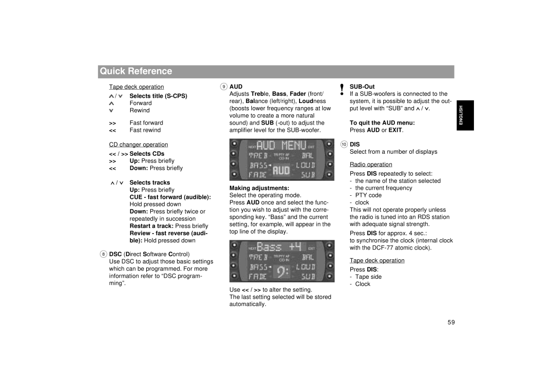 Blaupunkt RCM 169 operating instructions Aud, Dis 