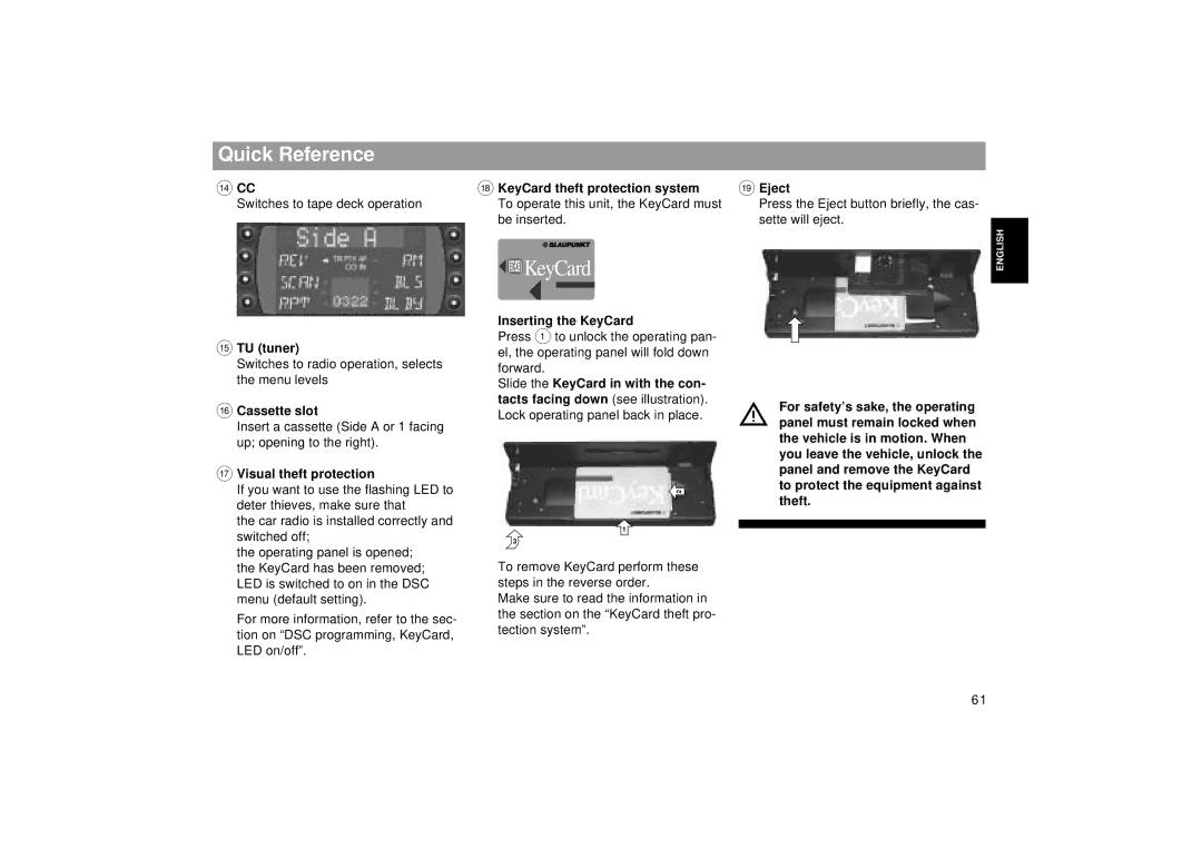 Blaupunkt RCM 169 KeyCard theft protection system Eject, ? TU tuner, @ Cassette slot, Visual theft protection 