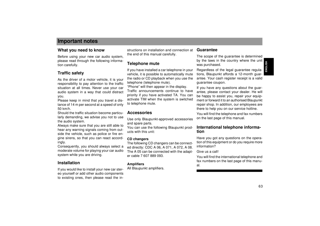 Blaupunkt RCM 169 operating instructions Important notes 