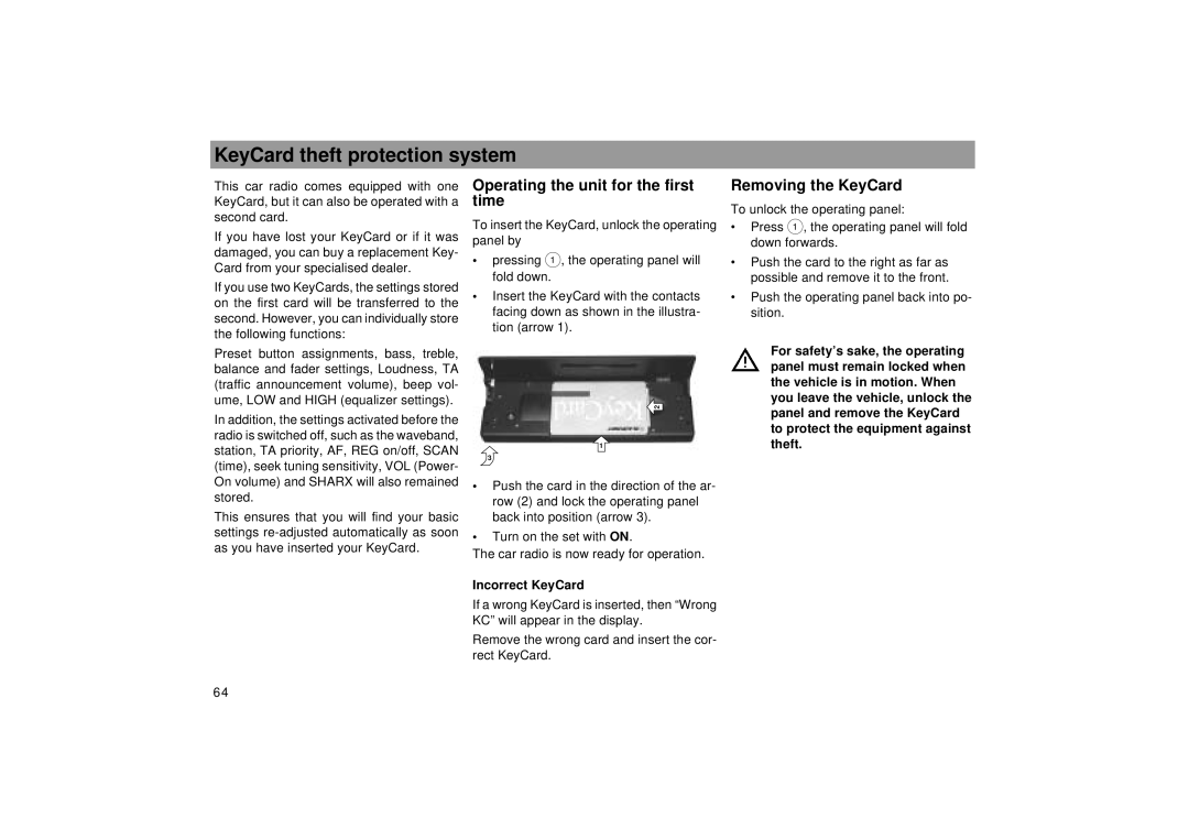 Blaupunkt RCM 169 KeyCard theft protection system, Operating the unit for the first time, Removing the KeyCard 