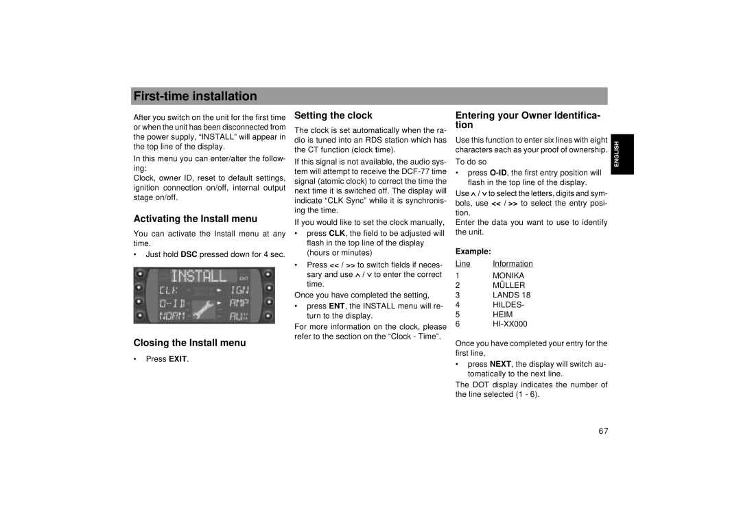Blaupunkt RCM 169 First-time installation, Activating the Install menu, Closing the Install menu, Setting the clock 