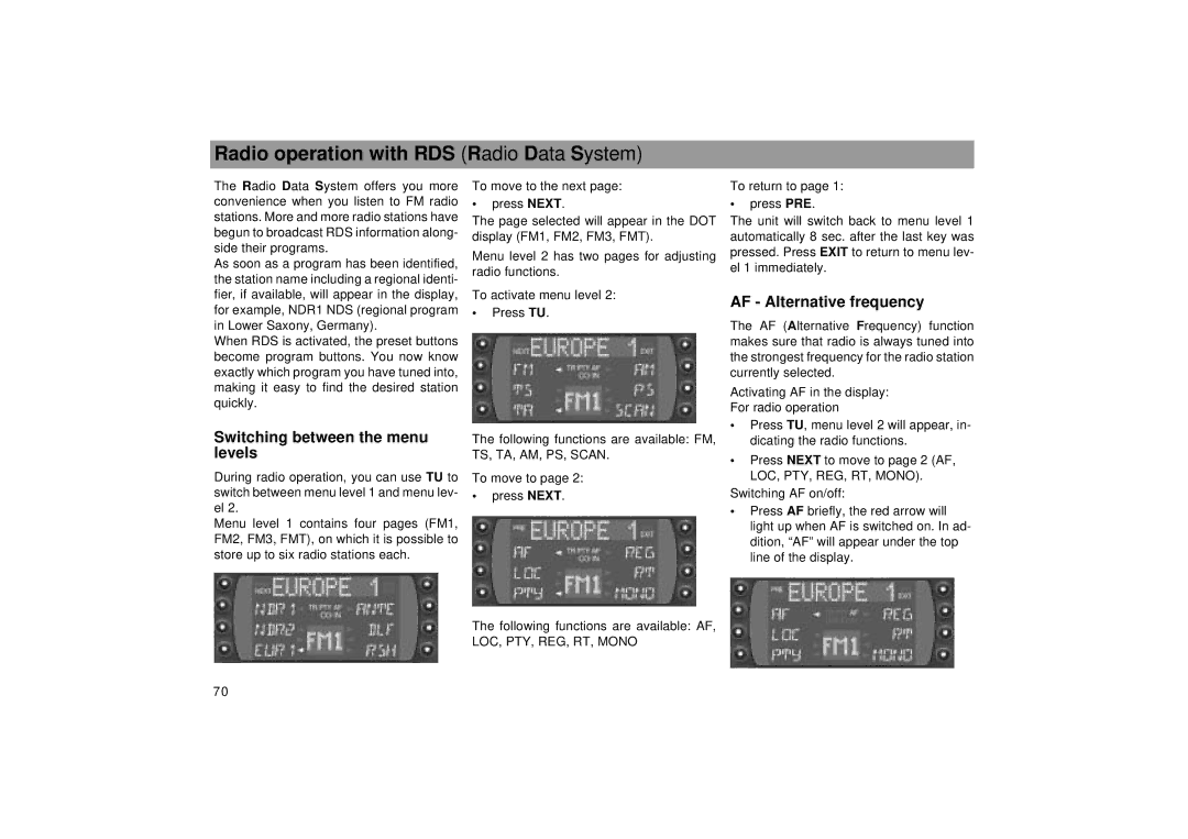 Blaupunkt RCM 169 Radio operation with RDS Radio Data System, Switching between the menu levels, AF Alternative frequency 