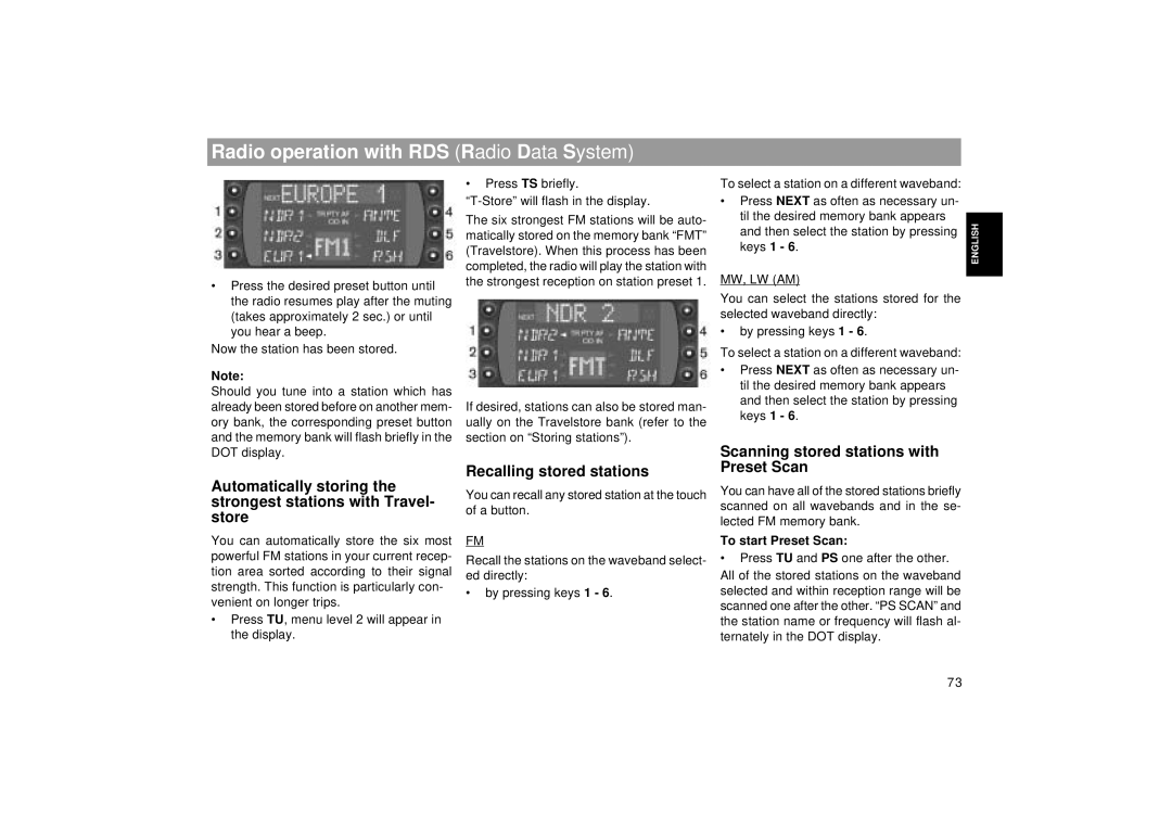 Blaupunkt RCM 169 Scanning stored stations with, Recalling stored stations, Mw, Lw Am, To start Preset Scan 