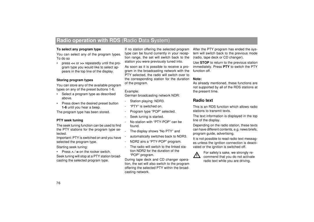 Blaupunkt RCM 169 operating instructions Radio text, To select any program type, Storing program types, PTY seek tuning 