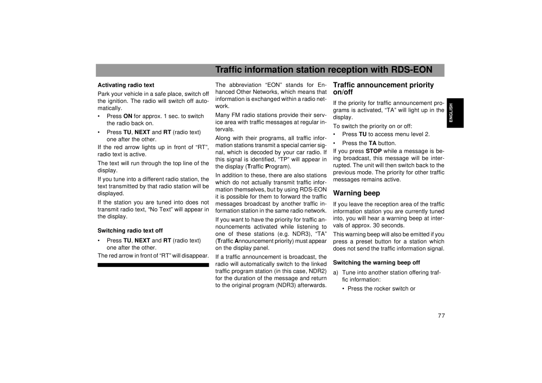 Blaupunkt RCM 169 Traffic information station reception with RDS-EON, Activating radio text, Switching radio text off 