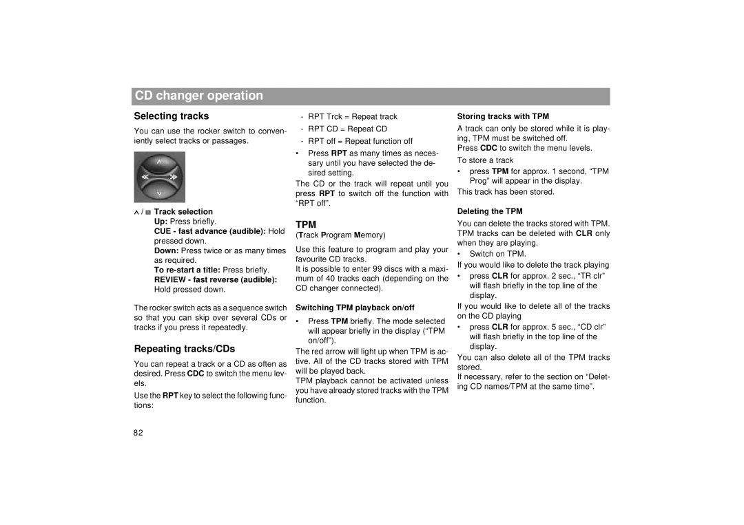 Blaupunkt RCM 169 operating instructions CD changer operation, Selecting tracks, Repeating tracks/CDs 