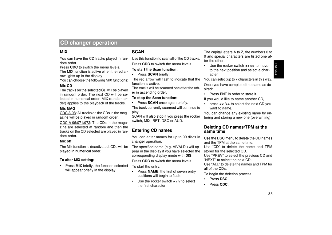 Blaupunkt RCM 169 operating instructions Entering CD names, Deleting CD names/TPM at the same time 