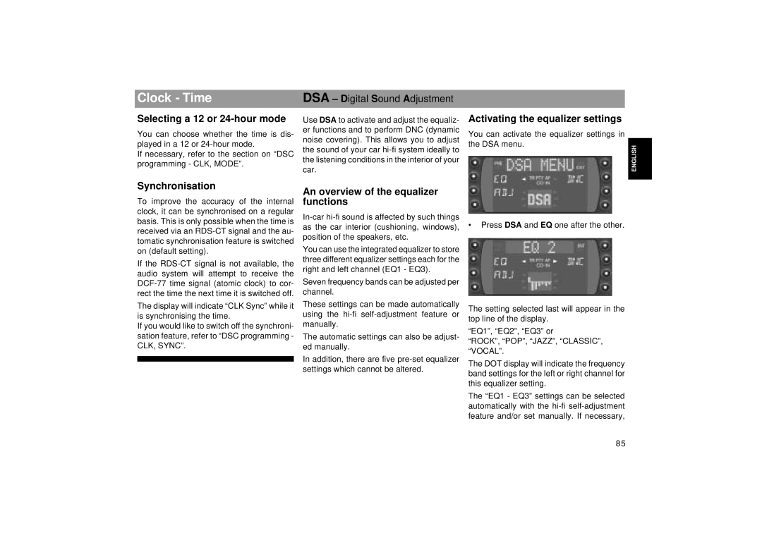 Blaupunkt RCM 169 operating instructions Selecting a 12 or 24-hour mode, Synchronisation, Activating the equalizer settings 