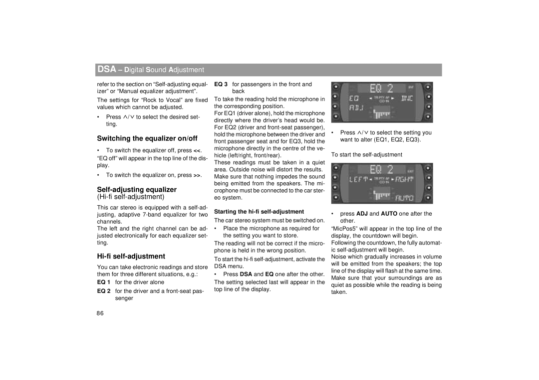 Blaupunkt RCM 169 operating instructions Switching the equalizer on/off, Self-adjusting equalizer, Hi-fi self-adjustment 