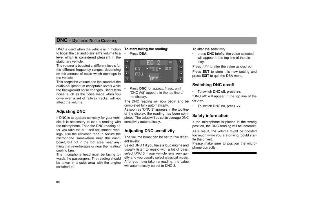 Blaupunkt RCM 169 Adjusting DNC sensitivity, Switching DNC on/off, Safety information, To start taking the reading 