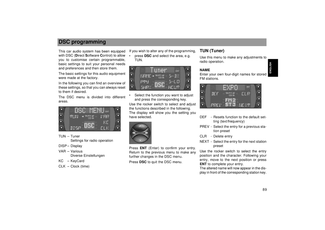 Blaupunkt RCM 169 operating instructions DSC programming, TUN Tuner 