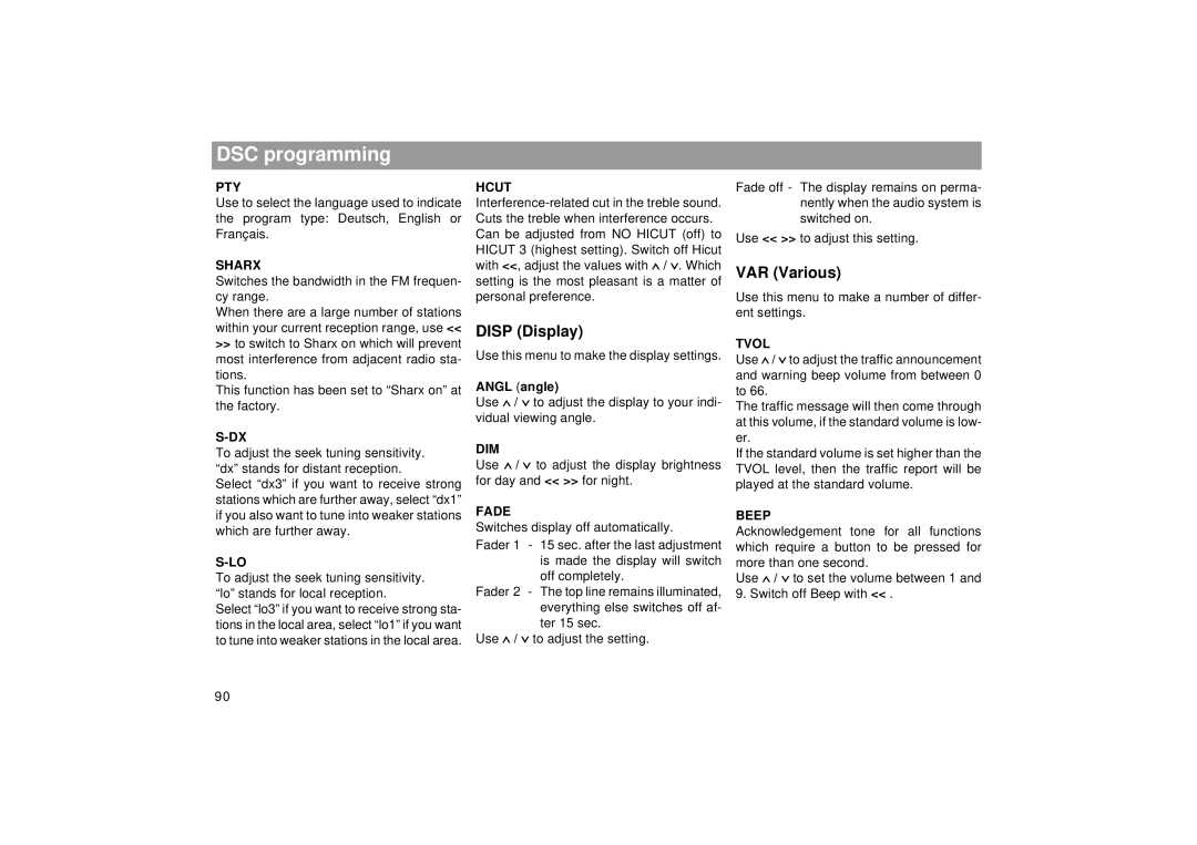 Blaupunkt RCM 169 operating instructions DSC programming, VAR Various 