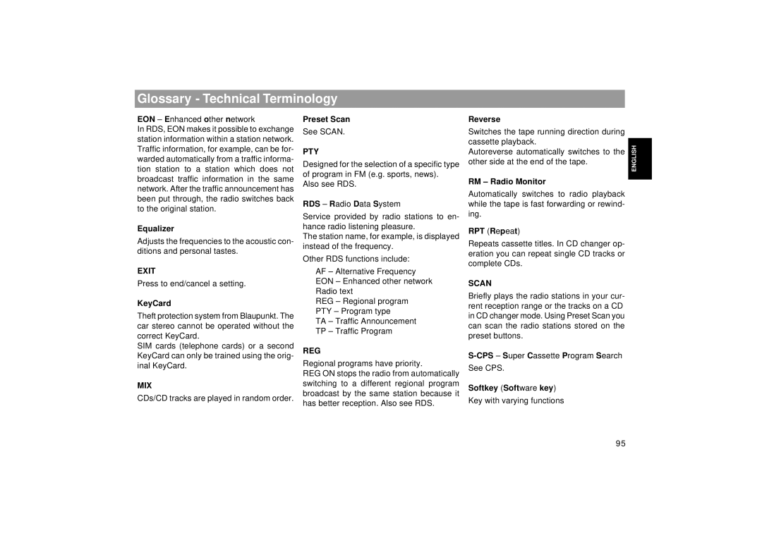 Blaupunkt RCM 169 operating instructions Glossary Technical Terminology, Reg 