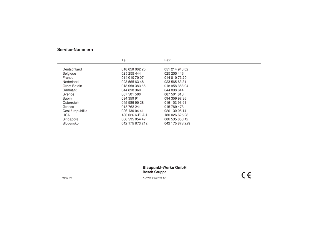 Blaupunkt RCM 169 operating instructions Service-Nummern, Usa, Bosch Gruppe 