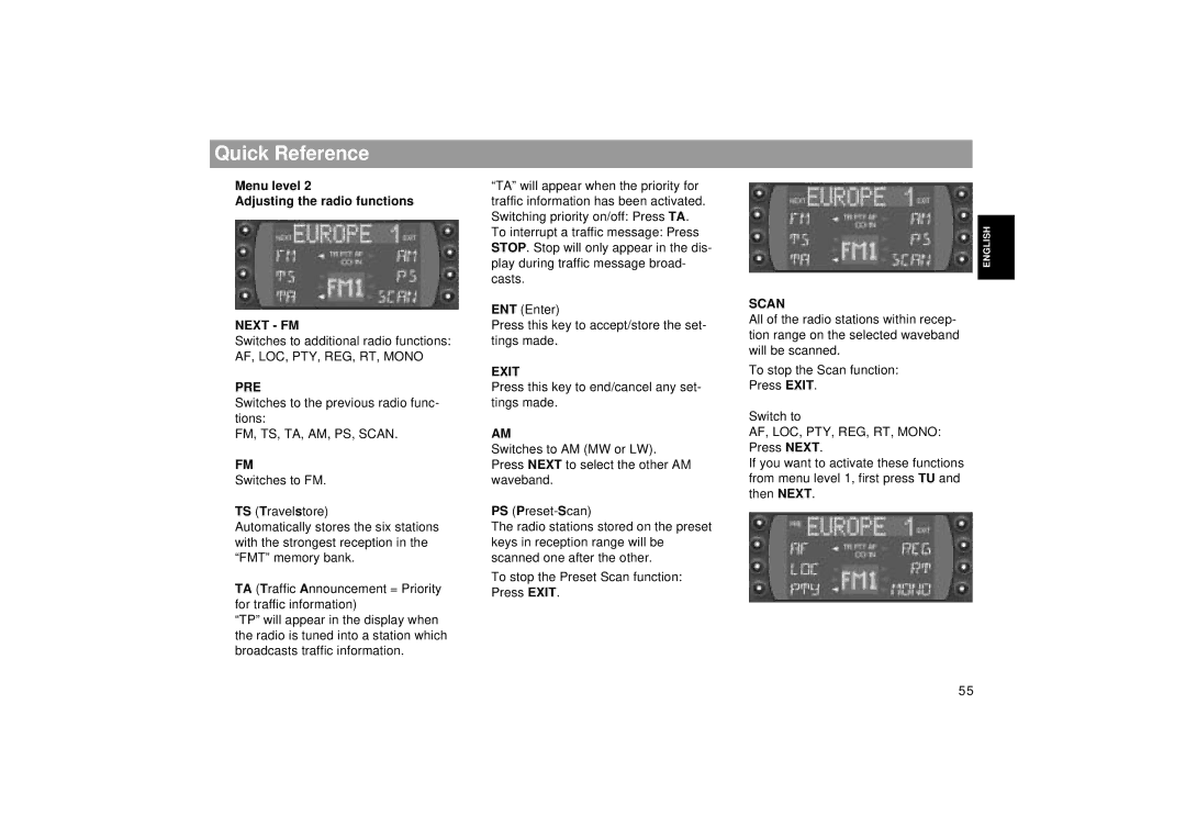 Blaupunkt RCM 169 operating instructions Menu level Adjusting the radio functions, Pre, FM, TS, TA, AM, PS, Scan, Exit 