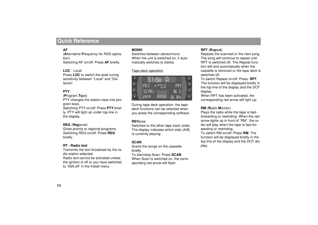 Blaupunkt RCM 169 operating instructions Pty, REG Regional, RT Radio text, Mono, RPT Repeat 