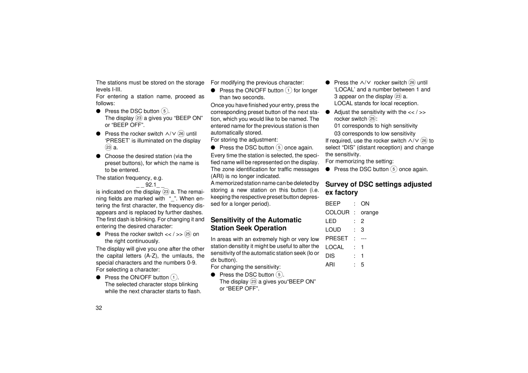 Blaupunkt RCM 82 Sensitivity of the Automatic Station Seek Operation, Survey of DSC settings adjusted ex factory 