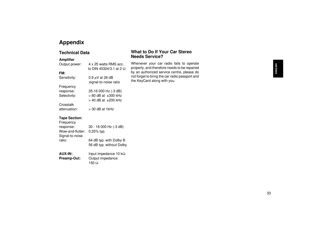 Blaupunkt RCM 82 Appendix, Technical Data What to Do If Your Car Stereo Needs Service?, Amplifier, AUX-IN Preamp-Out 