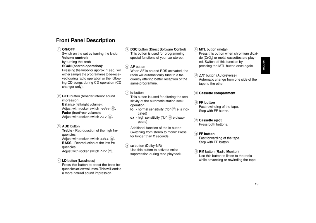 Blaupunkt RCM 82 operating instructions Front Panel Description, Volume control by turning the knob Scan search operation 