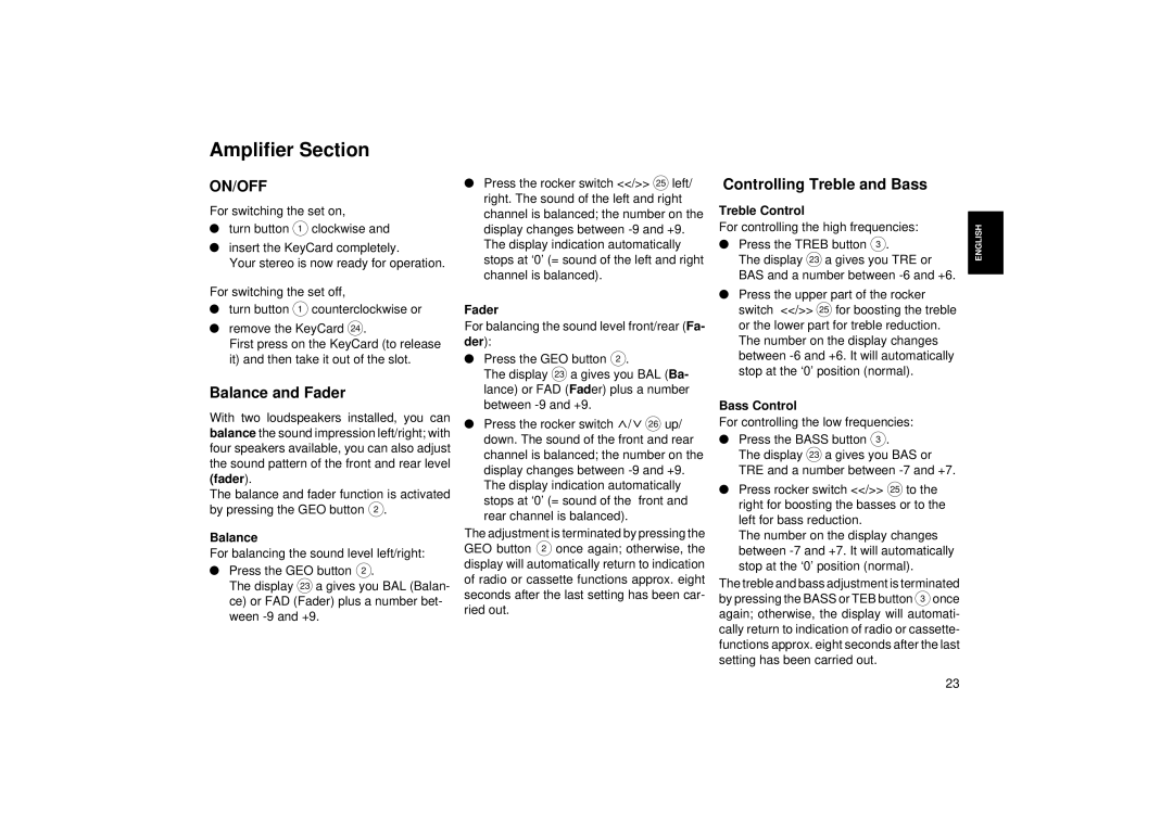 Blaupunkt RCM 82 operating instructions Amplifier Section, Balance and Fader, Controlling Treble and Bass 