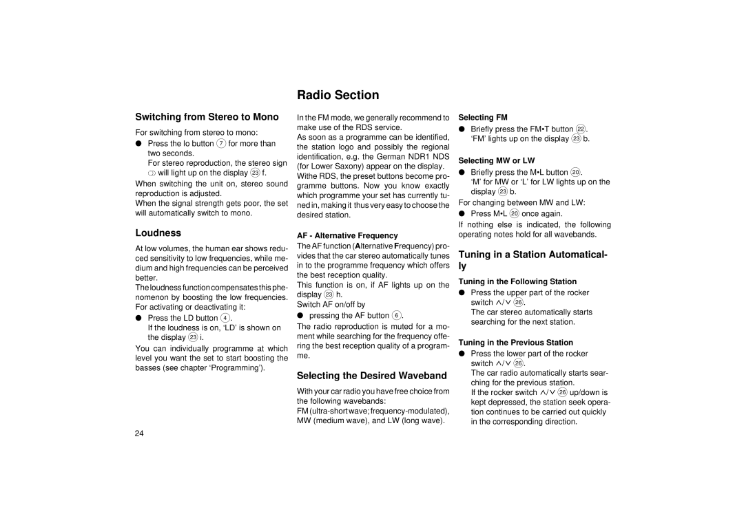 Blaupunkt RCM 82 Radio Section, Switching from Stereo to Mono, Loudness, Tuning in a Station Automatical 