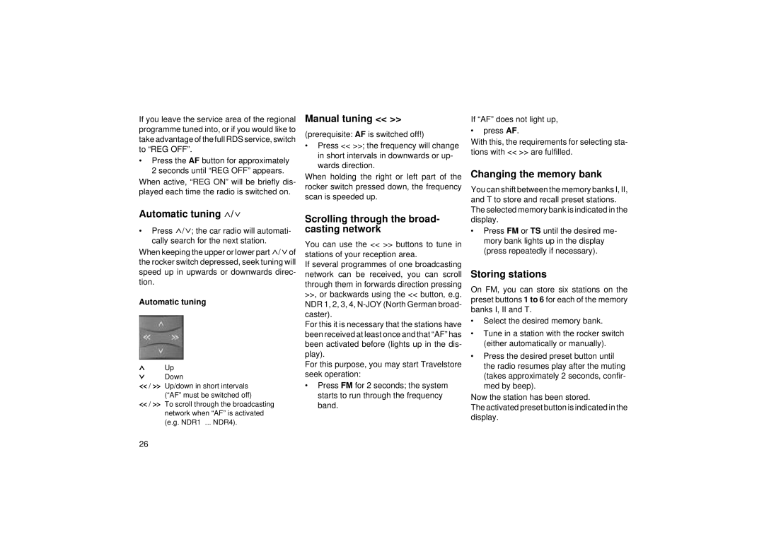 Blaupunkt RCM 85 operating instructions Manual tuning, Automatic tuning, Scrolling through the broad- casting network 