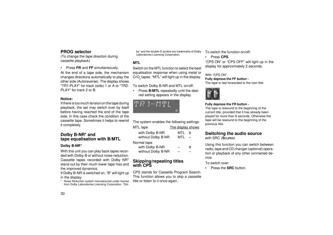 Blaupunkt RCM 85 Prog selector, Dolby B-NR* Tape equalisation with B/MTL, Skipping/repeating titles with CPS 