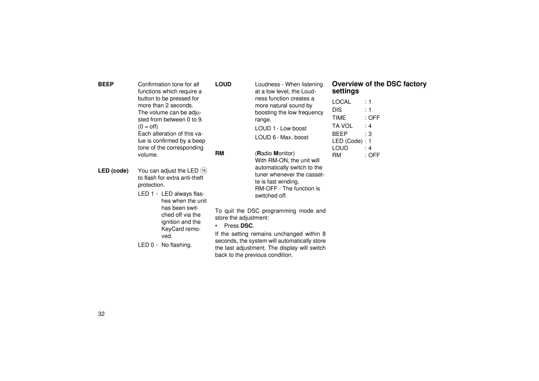 Blaupunkt RCM 85 operating instructions Overview of the DSC factory settings, Beep, LED code, Loud 