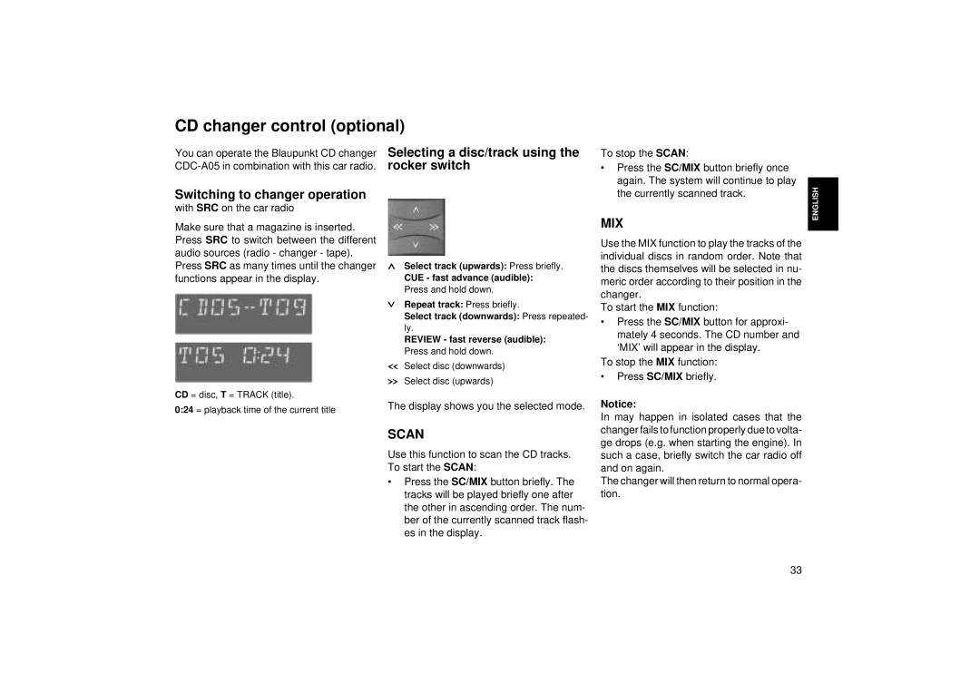 Blaupunkt RCM 85 operating instructions CD changer control optional, Switching to changer operation 