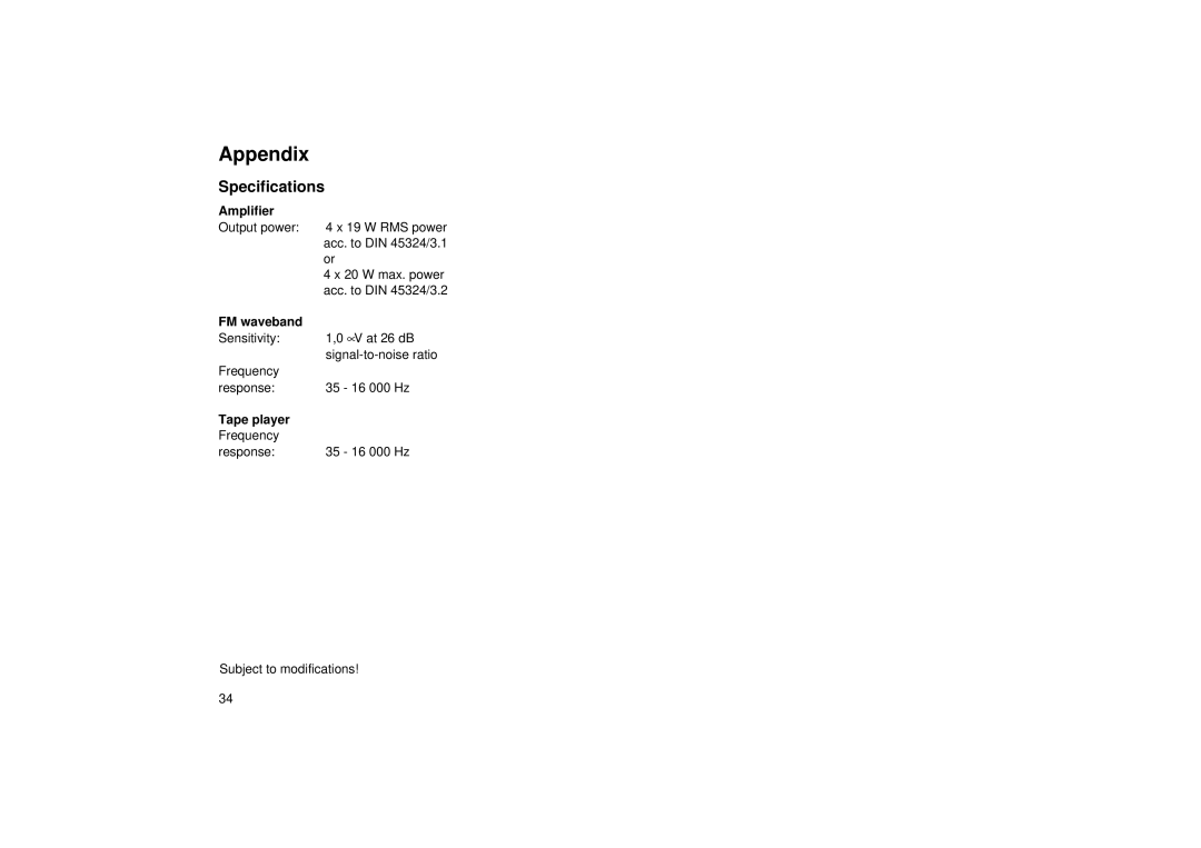 Blaupunkt RCM 85 operating instructions Appendix, Specifications, Amplifier, FM waveband, Tape player 