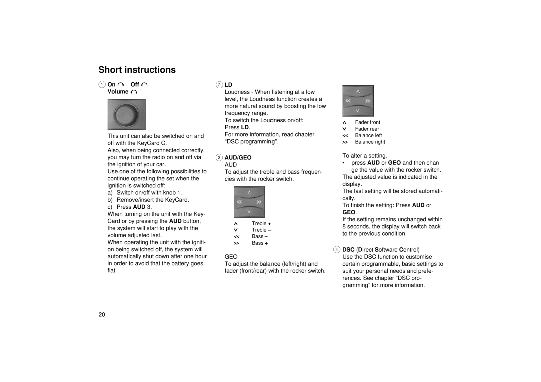 Blaupunkt RCM 85 operating instructions Short instructions, On Off Volume, Aud/Geo Aud 