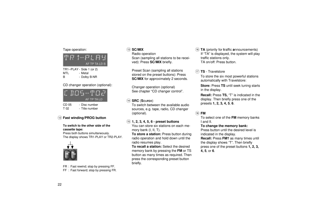 Blaupunkt RCM 85 operating instructions Fast winding/PROG button, = Sc/Mix, SRC Source, ? 1, 2, 3, 4, 5, 6 preset buttons 