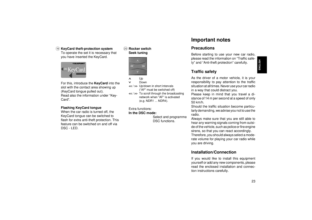 Blaupunkt RCM 85 operating instructions Important notes, Precautions, Traffic safety, Installation/Connection 