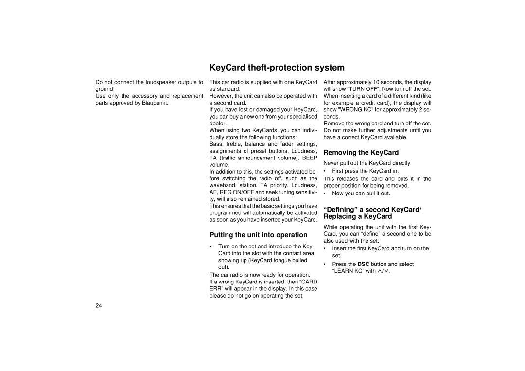 Blaupunkt RCM 85 KeyCard theft-protection system, Putting the unit into operation, Removing the KeyCard 