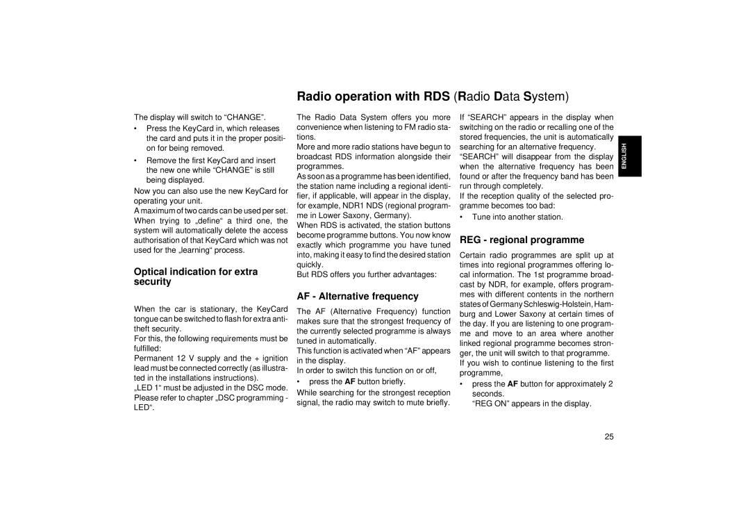 Blaupunkt RCM 85 Radio operation with RDS Radio Data System, REG regional programme, Optical indication for extra 