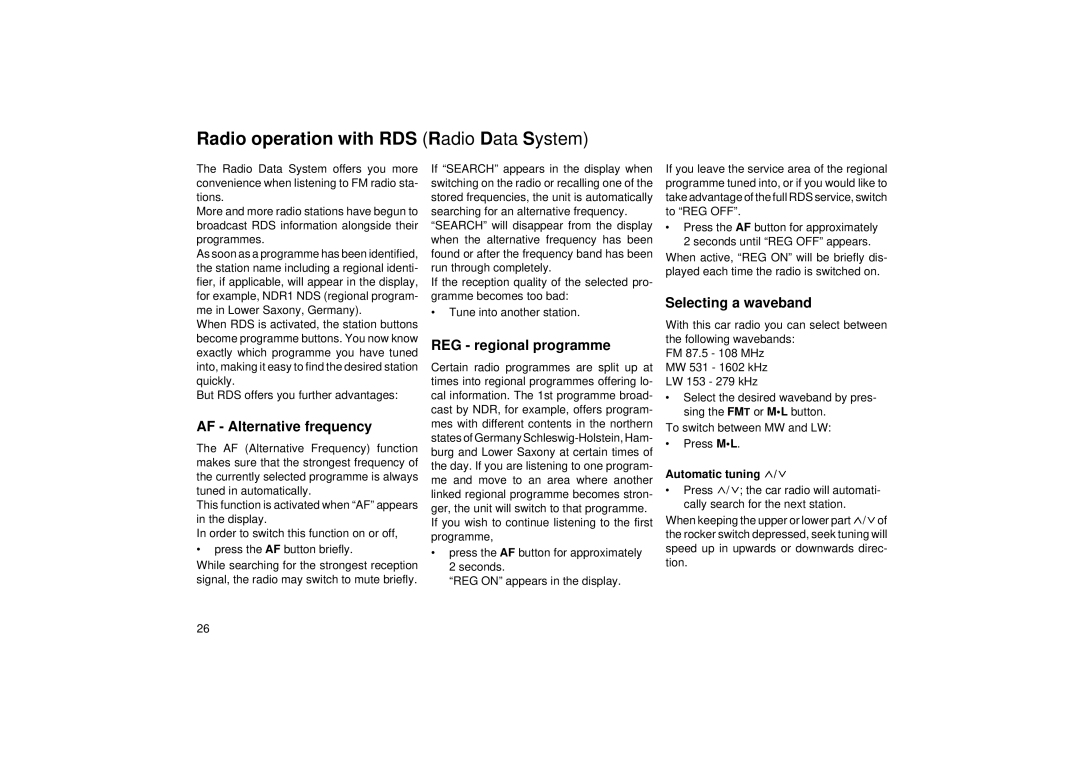 Blaupunkt RCM 85 Selecting a waveband, REG regional programme, AF Alternative frequency, Automatic tuning 