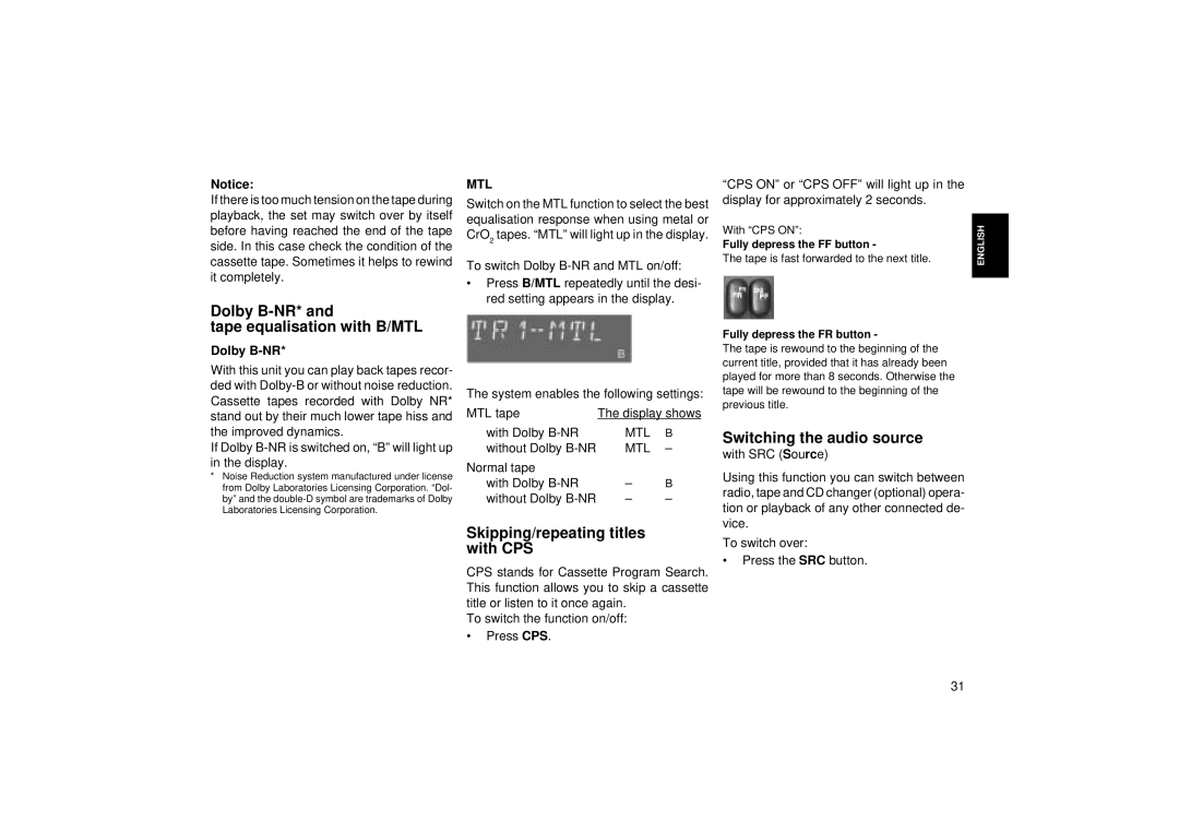 Blaupunkt RCM 85 Dolby B-NR* Tape equalisation with B/MTL, Switching the audio source, Skipping/repeating titles with CPS 