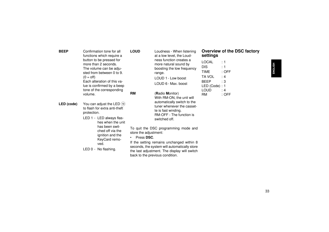 Blaupunkt RCM 85 operating instructions Overview of the DSC factory settings, Beep, LED code, Loud 