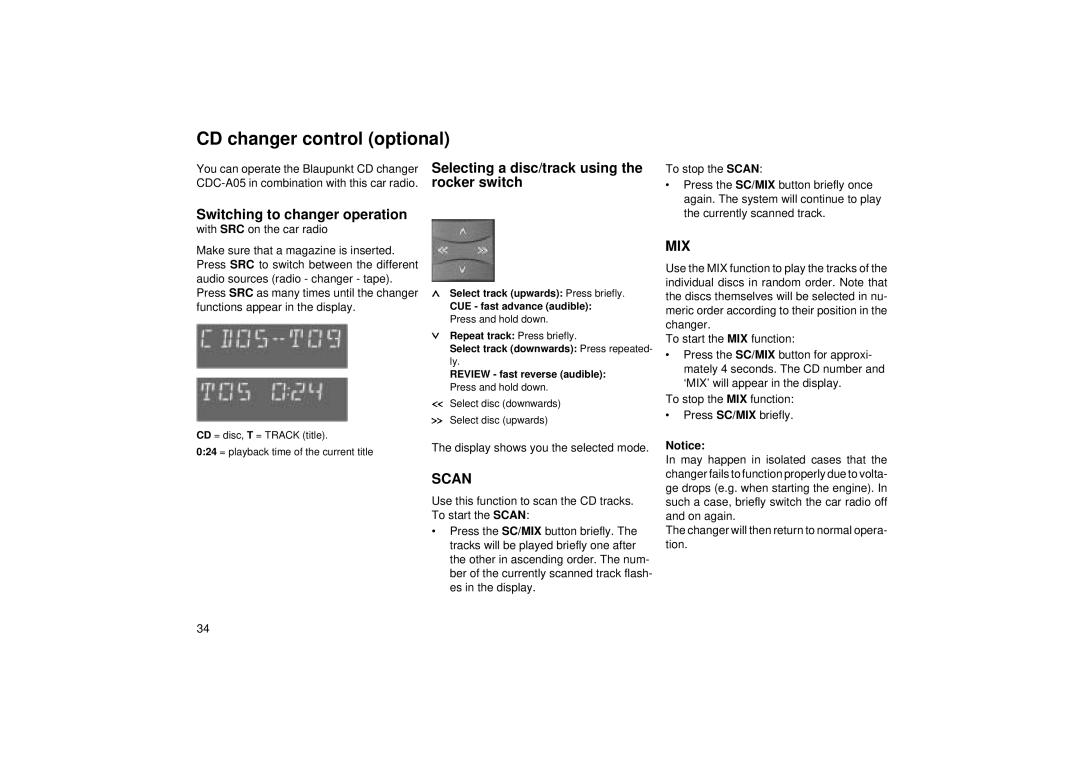 Blaupunkt RCM 85 operating instructions CD changer control optional, Switching to changer operation 