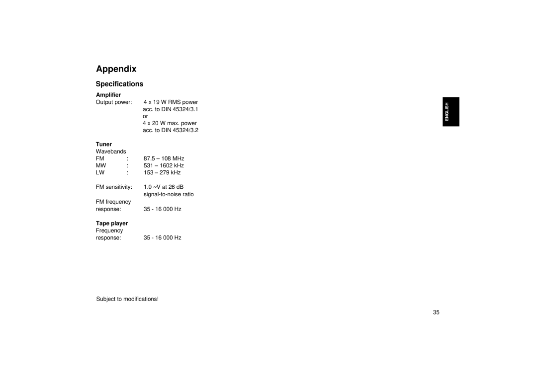 Blaupunkt RCM 85 operating instructions Appendix, Specifications, Amplifier, Tuner, Tape player 