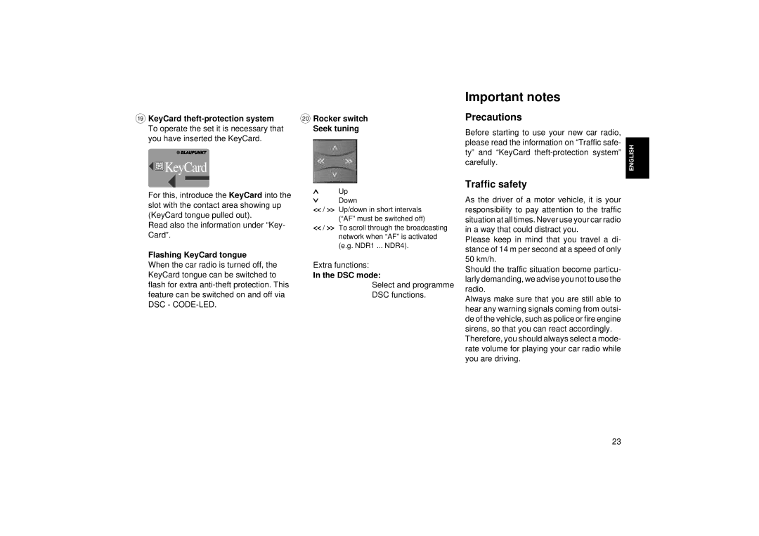 Blaupunkt RCM 85 operating instructions Important notes, Precautions, Traffic safety 