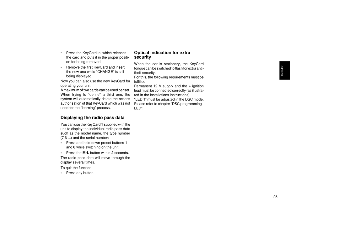 Blaupunkt RCM 85 operating instructions Optical indication for extra, Security, Displaying the radio pass data 