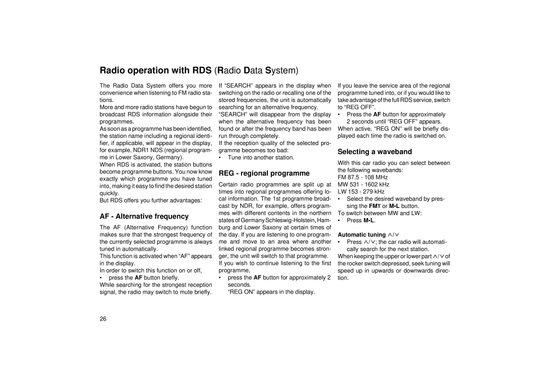 Blaupunkt RCM 85 Radio operation with RDS Radio Data System, Selecting a waveband, REG regional programme 