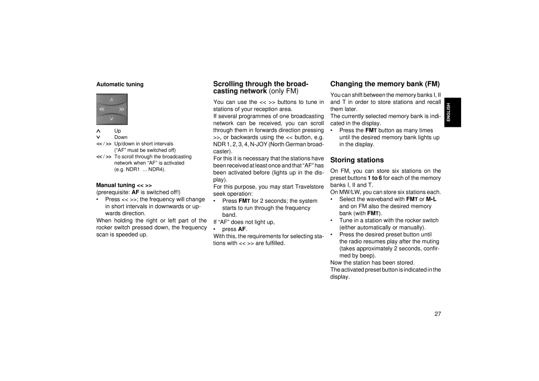 Blaupunkt RCM 85 Scrolling through the broad- casting network only FM, Changing the memory bank FM, Storing stations 