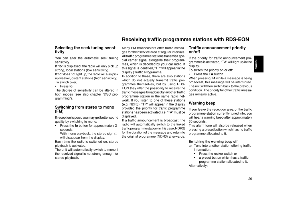 Blaupunkt RCM 85 operating instructions Receiving traffic programme stations with RDS-EON, Switching from stereo to mono 