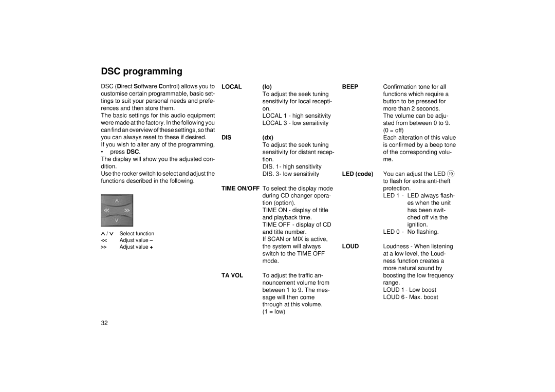 Blaupunkt RCM 85 operating instructions DSC programming, Local, Dis, Beep, Loud 