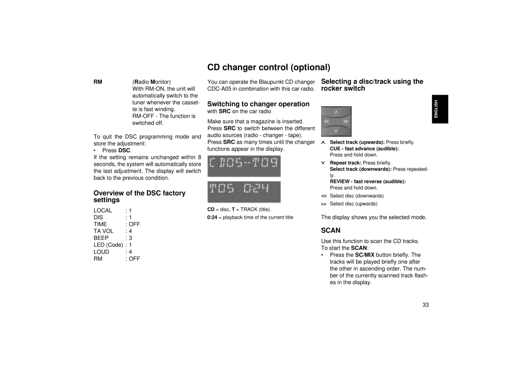 Blaupunkt RCM 85 CD changer control optional, Overview of the DSC factory settings, Switching to changer operation 