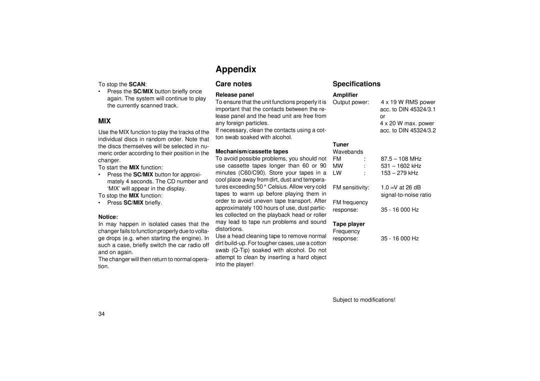 Blaupunkt RCM 85 operating instructions Appendix, Care notes, Specifications 