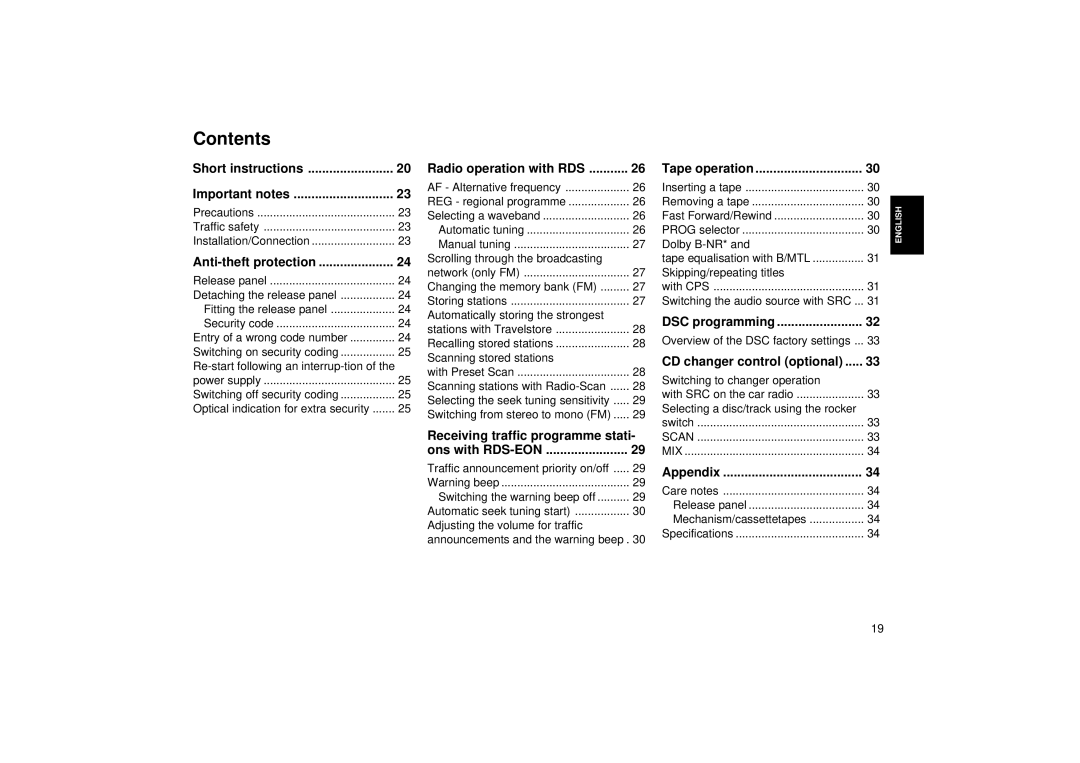 Blaupunkt RCM 85 operating instructions Contents 